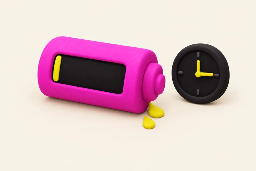 Batteria fucsia quasi scarica accanto a un orologio sulle tre